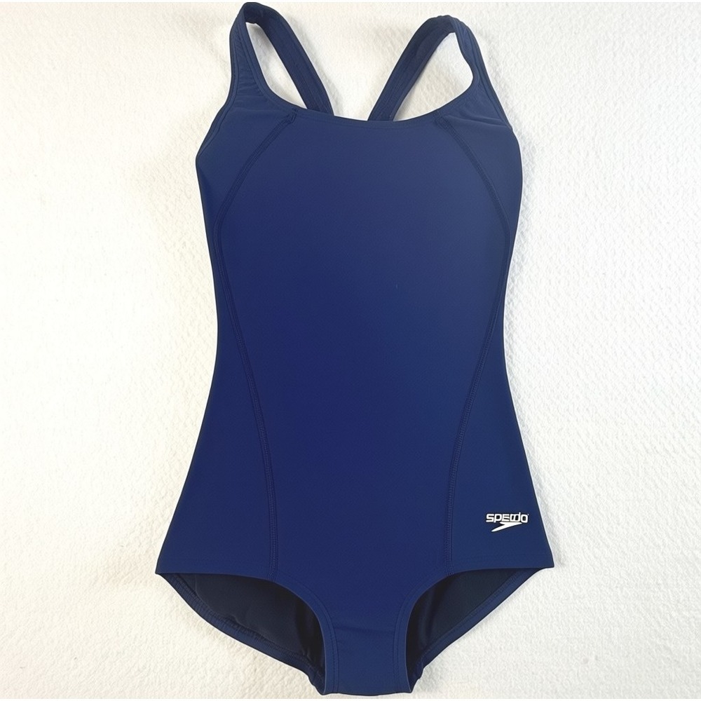 Speedo PowerFLEX One Piece Swimsuit Womens 4 Navy Blue Racerback NWT UPF50
